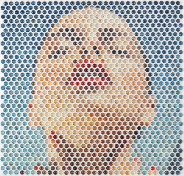 A mosaic portrait of a person tilting their head back with lips slightly parted, using many circular dots for a dotted effect.