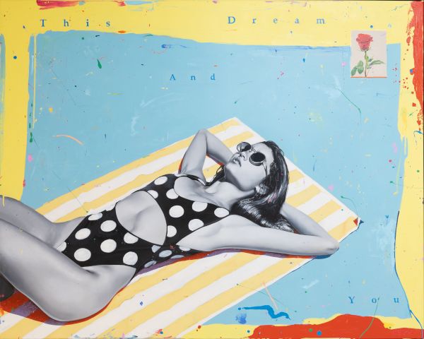 A vintage-style black-and-white photo of a woman in a polka-dot bikini posing on a striped lounge chair, set against a bright, collage-like yellow-blue background.