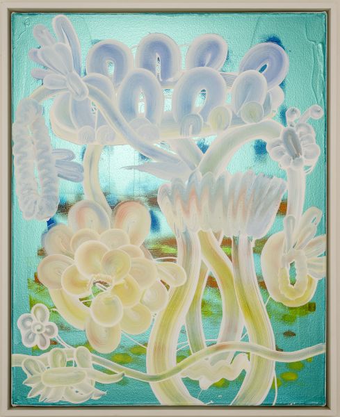 Colorful, abstract floral scene with translucent shapes, large petals, and a bright teal background, framed like a painting, very surreal.