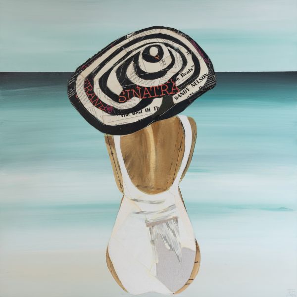 A surreal collage shows a figure holding a large, striped eye-like object above its head, set against a turquoise seascape. End.