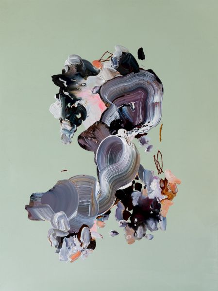 An abstract vertical composition of swirling, layered shapes in purples, grays, and blacks against a pale green background, forming a central cluster.