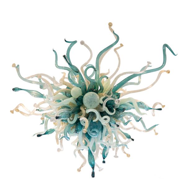 A spiky, sea-urchin-like sculpture with turquoise and beige tentacles radiating outward in a spherical arrangement.