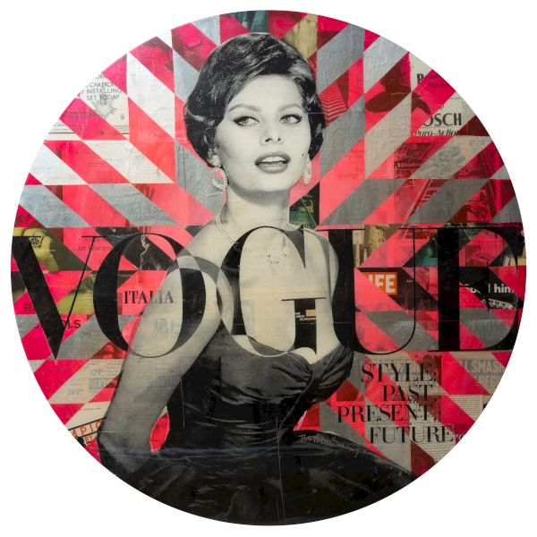 A vintage black-and-white Vogue pinup art with a bold circular collage, pink geometric overlay, and a glamorous 1950s model. Top it at 140 characters, always ending the sentence.