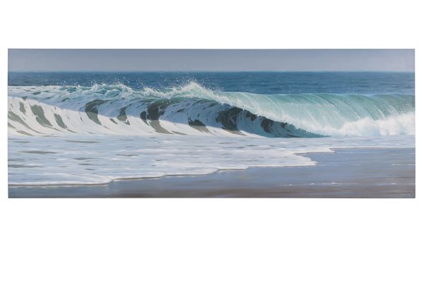 A long ocean wave rolls toward a sandy shore, curling blue-green water under a clear sky, with foam brushing the beach.