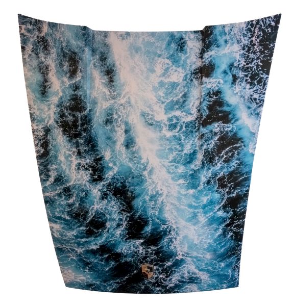 A curved, downward-facing surface with an aerial of blue waves crashing&mdash;looks like ocean water churn. Top it at 140 characters, always ending the sentence.