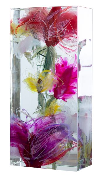Colorful flowers frozen in clear gel blocks, vibrant petals suspended in transparent resin, a decorative glass sculpture that glows with hue.