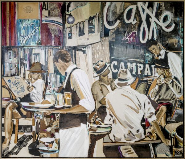 A retro cafe scene with bakers and patrons at a counter, white aprons, hats, and a mural-covered wall in warm tones.