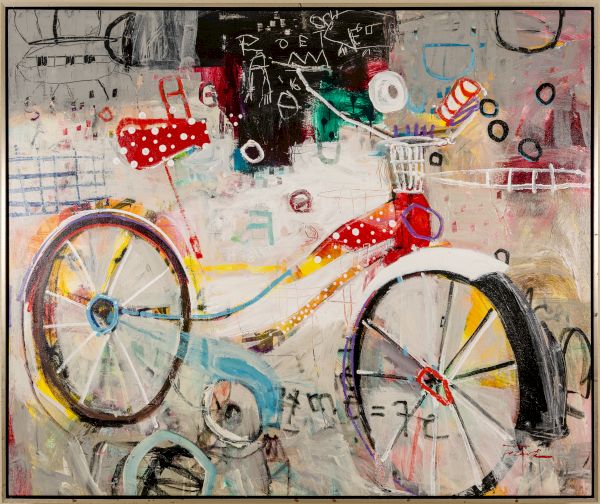 Colorful abstract bicycle mural with large wheels, doodles, and handwritten marks across a textured wall, a playful chaotic street-art scene.