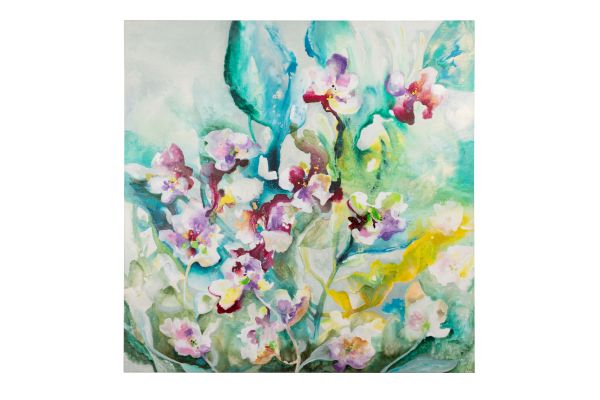 A watercolor floral scene with soft pink and purple blossoms, teal leaves, and a light blue-green background, painted in a dreamy, airy style.