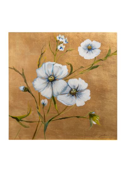White flowers with blue centers on a warm brown background, delicate stems and buds create a graceful botanical still life.