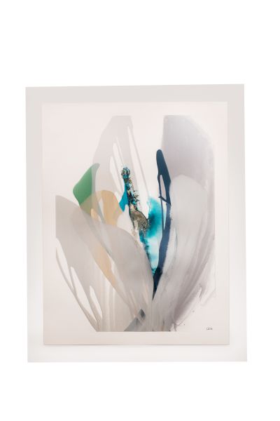Abstract artwork with sweeping charcoal/gray strokes, splashes of teal and blue, and small hints of green and beige, framed in white.