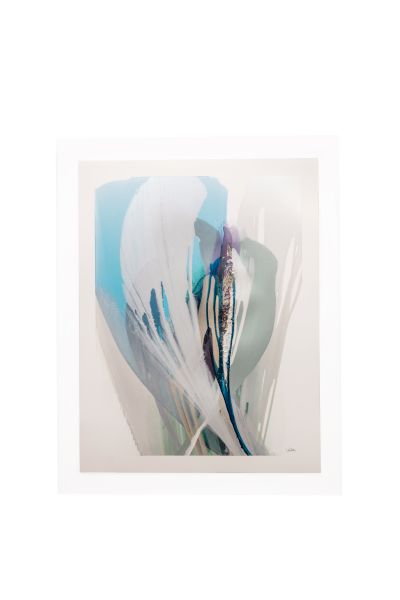 Abstract art print with flowing shapes in blue, white, and muted teal. A central dark line adds contrast, framed like a Polaroid, minimalist.