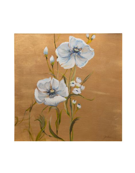 A golden-brown square canvas with pale blue poppies and delicate white flowers on green stems, painted in a soft, vintage style.