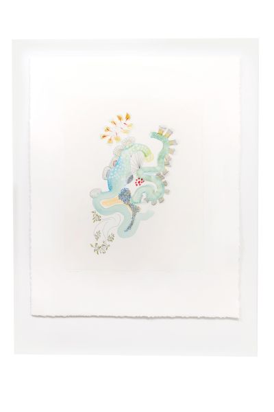 A delicate watercolor dragon curled in pastel greens and blues, with small gold accents, centered on a white mat and frame.