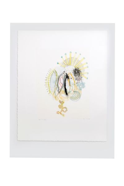 A delicate art print featuring a central abstract figure surrounded by pale gold, yellow, and blue ornamental shapes and patterns, on white paper.