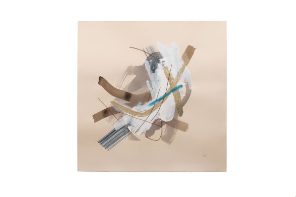 Abstract collage of torn paper, ribbons, and colored strips layered chaotically on a light beige background, forming a textured focal cluster.