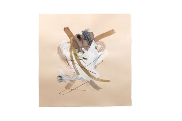 Abstract collage on beige background: torn paper strips, ribbons, and brushstrokes tangled in the center, resembling a geometric whirlwind.