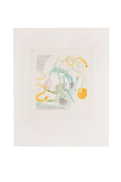 Abstract pastel drawing with soft greens, blues, and orange scribbles over a pale central square on a white page, minimal and delicate.