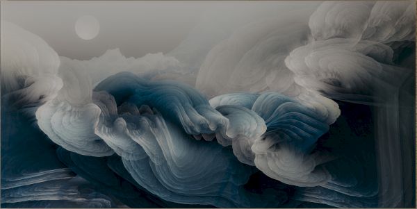 A misty, surreal landscape with swirling blue-gray layers and soft white cloud formations; a pale sun looms over a dreamlike horizon.