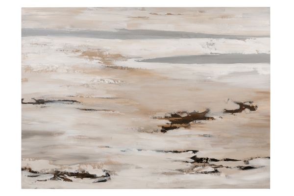 An abstract landscape with beige, white, and black brushstrokes blending across a pale canvas, evoking sand, water, and distant horizons.