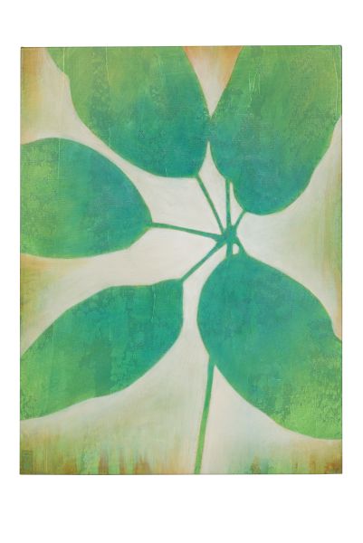 Leaves with a green stem, arranged in a branch pattern, on a soft, tinted background, giving a natural, botanical feel.