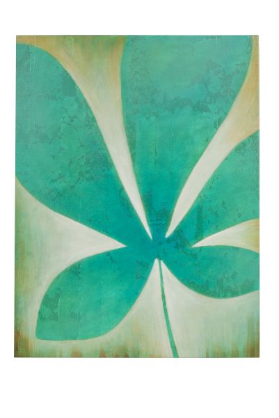 A turquoise-green abstract painting of a large four-leaf-like shape emanating from the center, with soft beige edges and a weathered border.