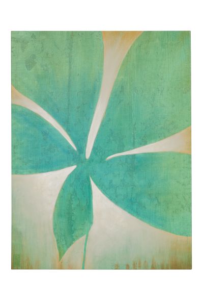 A teal and turquoise leaf design with a soft vintage texture, centered on a pale background.