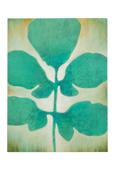 A teal-green shamrock-like leaf painting with bold strokes on a light, weathered background; abstract botanical art with a fresh, coastal vibe.