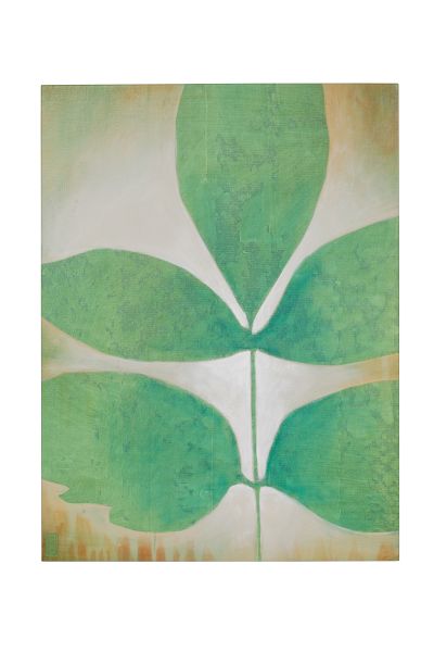 A close-up of green leaves arranged in a simple, symmetrical stem pattern against a soft, warm-toned background.