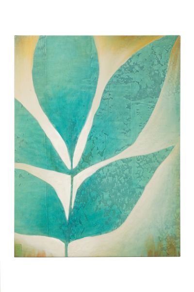 A teal leaf silhouette against a soft, textured yellow-green background, with a bold, stylized plant design.