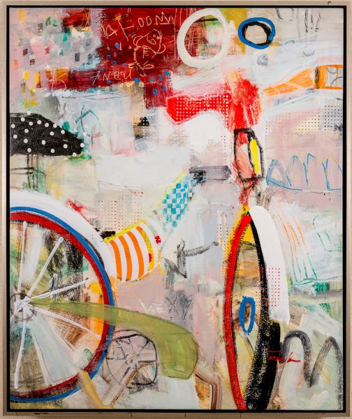 Abstract painting with bright bike wheel, rings, and bold colors; graffiti-like textures and curved lines emerge from a playful, chaotic composition.