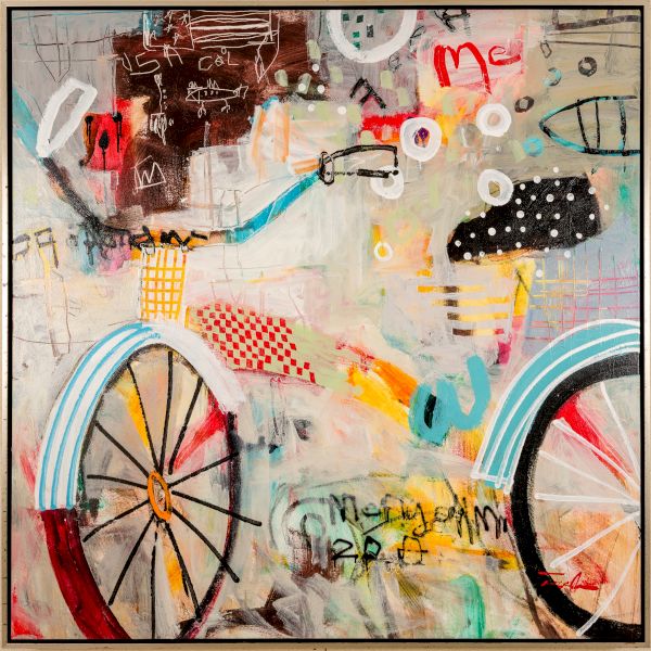 Abstract street-art collage with bicycle wheels, bright colors, scribbles, and shapes on a textured wall, blending graffiti and whimsy.